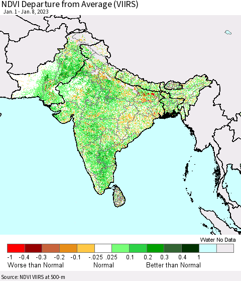 Southern Asia NDVI Departure from Average (VIIRS) Thematic Map For 1/1/2023 - 1/8/2023
