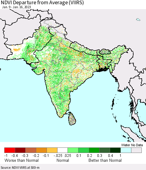 Southern Asia NDVI Departure from Average (VIIRS) Thematic Map For 1/9/2023 - 1/16/2023