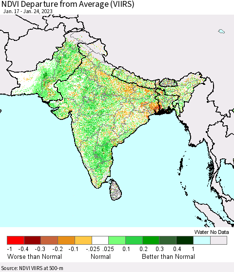 Southern Asia NDVI Departure from Average (VIIRS) Thematic Map For 1/17/2023 - 1/24/2023