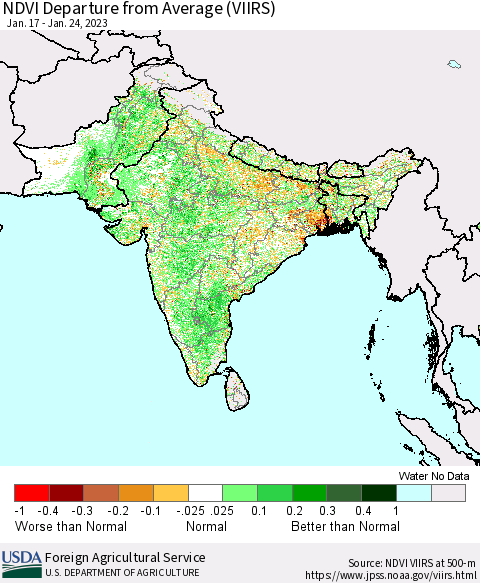 Southern Asia NDVI Departure from Average (VIIRS) Thematic Map For 1/21/2023 - 1/31/2023