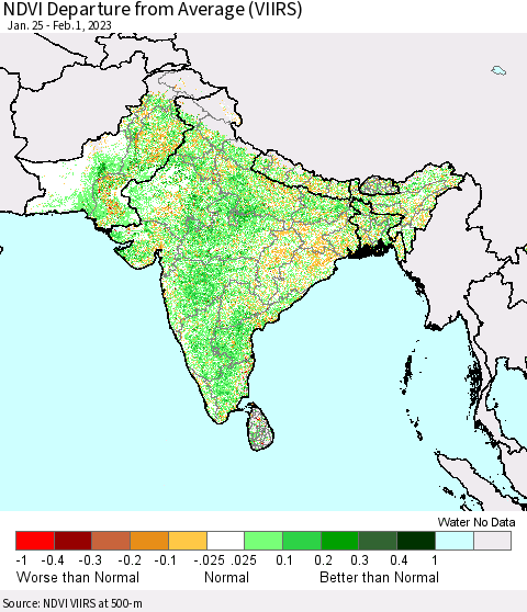 Southern Asia NDVI Departure from Average (VIIRS) Thematic Map For 1/25/2023 - 2/1/2023
