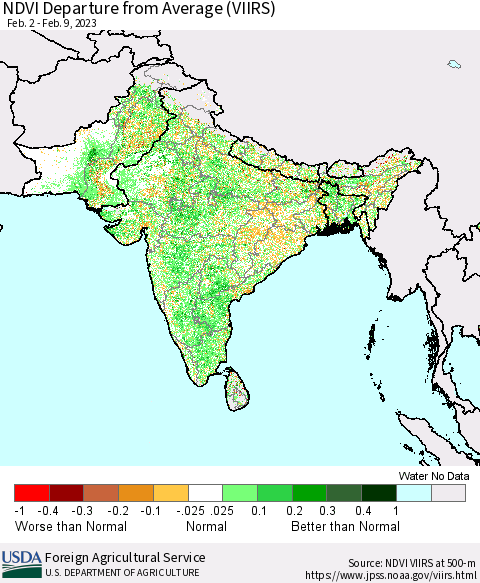 Southern Asia NDVI Departure from Average (VIIRS) Thematic Map For 2/1/2023 - 2/10/2023