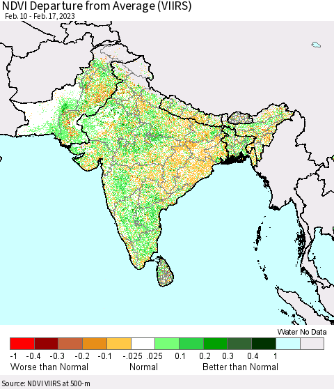 Southern Asia NDVI Departure from Average (VIIRS) Thematic Map For 2/10/2023 - 2/17/2023