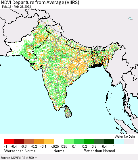 Southern Asia NDVI Departure from Average (VIIRS) Thematic Map For 2/18/2023 - 2/25/2023