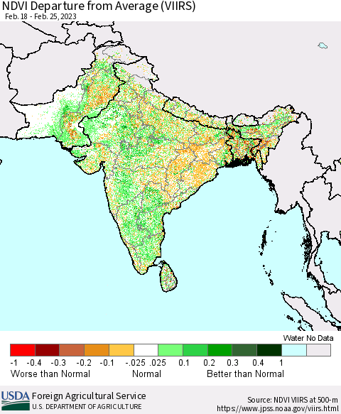 Southern Asia NDVI Departure from Average (VIIRS) Thematic Map For 2/21/2023 - 2/28/2023