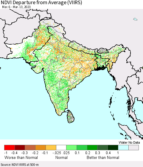 Southern Asia NDVI Departure from Average (VIIRS) Thematic Map For 3/6/2023 - 3/13/2023