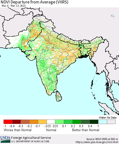Southern Asia NDVI Departure from Average (VIIRS) Thematic Map For 3/11/2023 - 3/20/2023