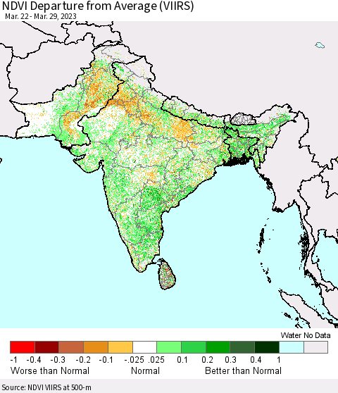 Southern Asia NDVI Departure from Average (VIIRS) Thematic Map For 3/22/2023 - 3/29/2023