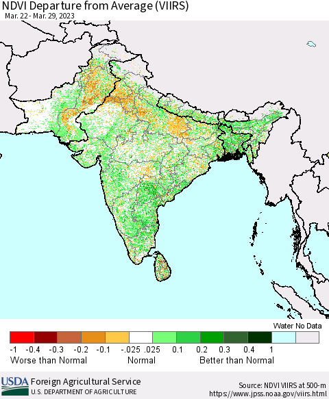 Southern Asia NDVI Departure from Average (VIIRS) Thematic Map For 3/21/2023 - 3/31/2023