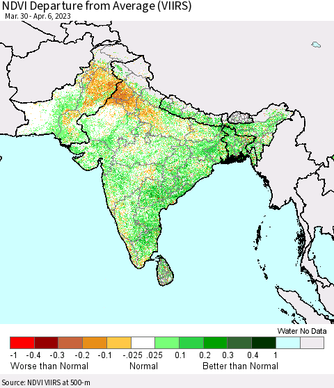 Southern Asia NDVI Departure from Average (VIIRS) Thematic Map For 3/30/2023 - 4/6/2023