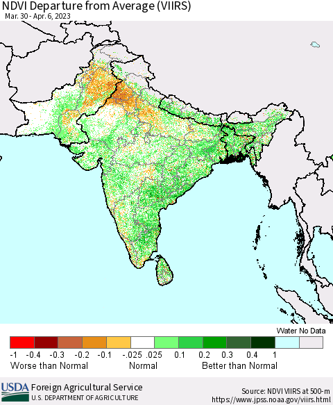 Southern Asia NDVI Departure from Average (VIIRS) Thematic Map For 4/1/2023 - 4/10/2023