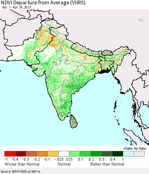 Southern Asia NDVI Departure from Average (VIIRS) Thematic Map For 4/7/2023 - 4/14/2023