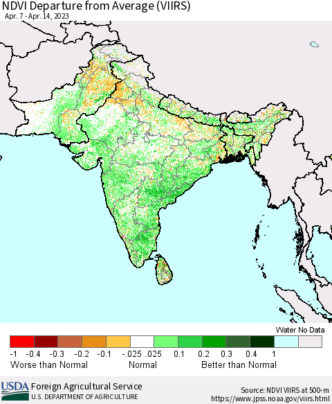 Southern Asia NDVI Departure from Average (VIIRS) Thematic Map For 4/11/2023 - 4/20/2023
