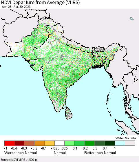 Southern Asia NDVI Departure from Average (VIIRS) Thematic Map For 4/21/2023 - 4/30/2023