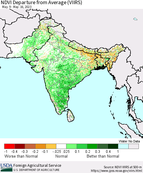 Southern Asia NDVI Departure from Average (VIIRS) Thematic Map For 5/11/2023 - 5/20/2023