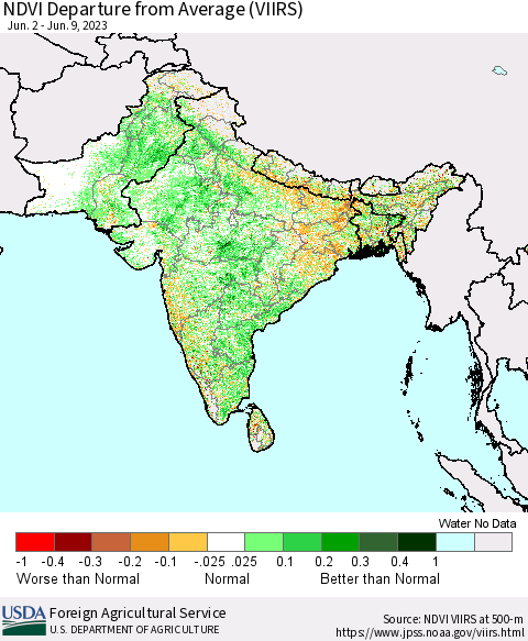 Southern Asia NDVI Departure from Average (VIIRS) Thematic Map For 6/1/2023 - 6/10/2023