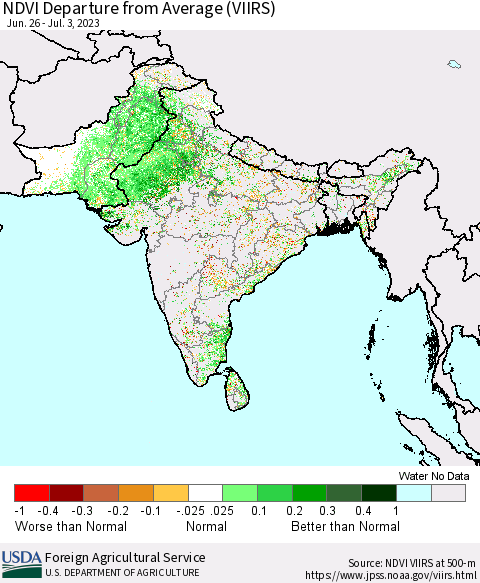 Southern Asia NDVI Departure from Average (VIIRS) Thematic Map For 7/1/2023 - 7/10/2023