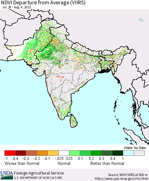 Southern Asia NDVI Departure from Average (VIIRS) Thematic Map For 8/1/2023 - 8/10/2023