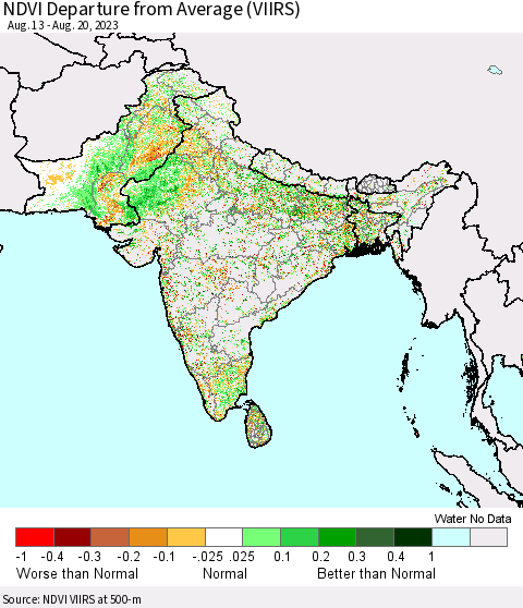 Southern Asia NDVI Departure from Average (VIIRS) Thematic Map For 8/11/2023 - 8/20/2023