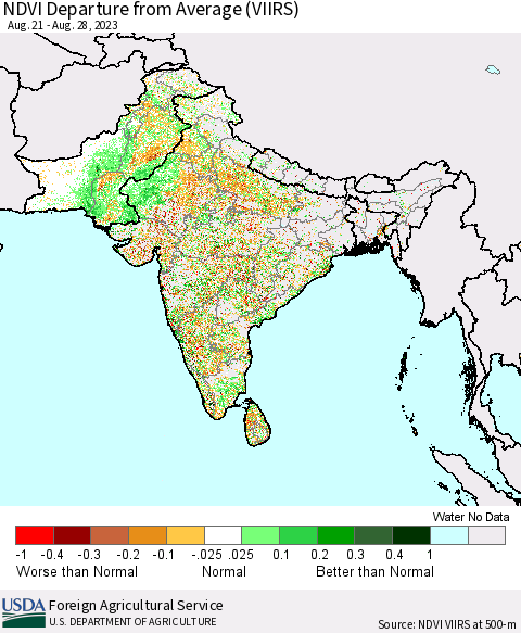 Southern Asia NDVI Departure from Average (VIIRS) Thematic Map For 8/21/2023 - 8/31/2023