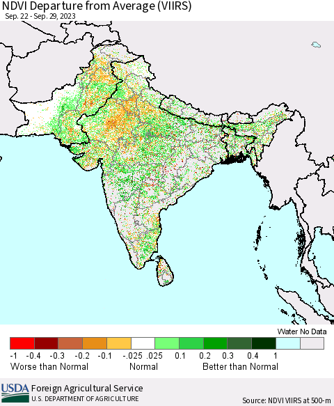 Southern Asia NDVI Departure from Average (VIIRS) Thematic Map For 9/21/2023 - 9/30/2023