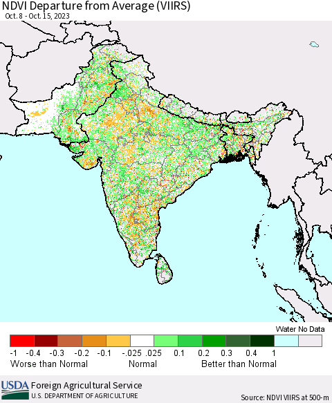 Southern Asia NDVI Departure from Average (VIIRS) Thematic Map For 10/11/2023 - 10/20/2023
