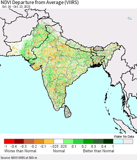 Southern Asia NDVI Departure from Average (VIIRS) Thematic Map For 10/16/2023 - 10/23/2023