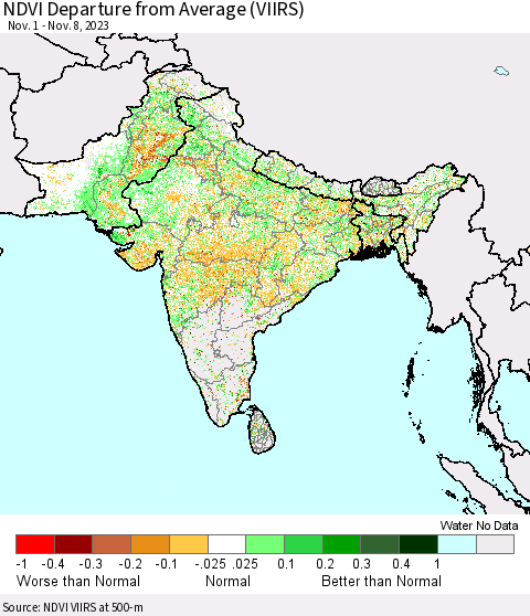Southern Asia NDVI Departure from Average (VIIRS) Thematic Map For 11/1/2023 - 11/8/2023
