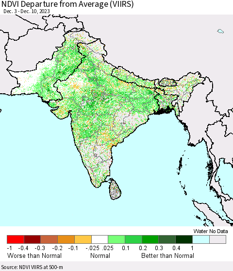 Southern Asia NDVI Departure from Average (VIIRS) Thematic Map For 12/3/2023 - 12/10/2023