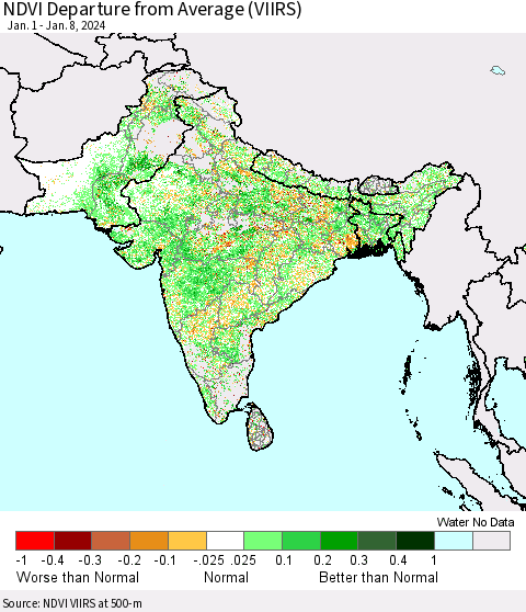 Southern Asia NDVI Departure from Average (VIIRS) Thematic Map For 1/1/2024 - 1/8/2024