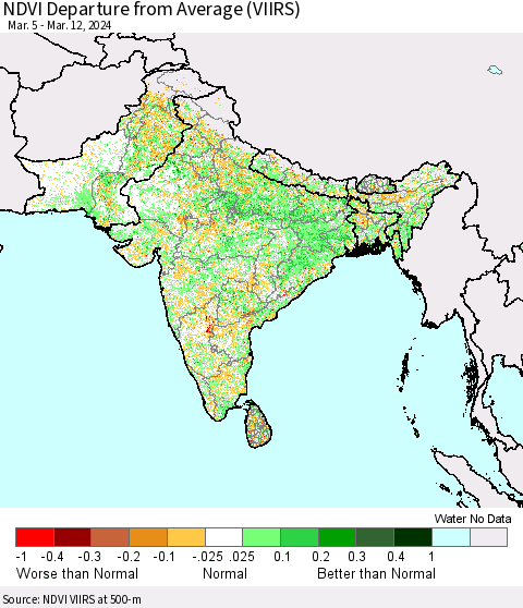 Southern Asia NDVI Departure from Average (VIIRS) Thematic Map For 3/5/2024 - 3/12/2024