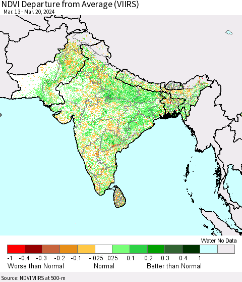 Southern Asia NDVI Departure from Average (VIIRS) Thematic Map For 3/13/2024 - 3/20/2024