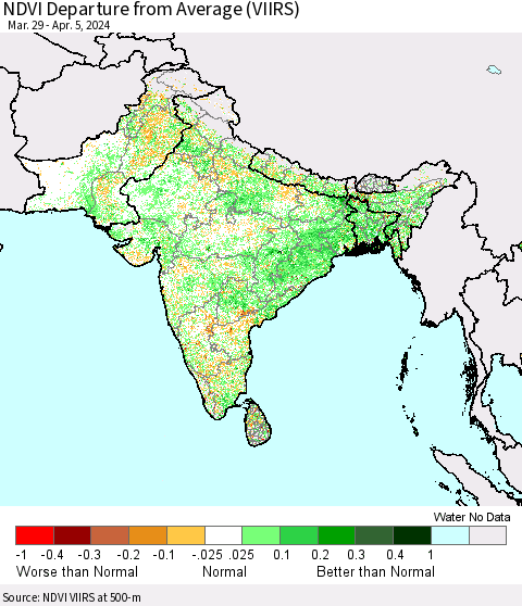 Southern Asia NDVI Departure from Average (VIIRS) Thematic Map For 3/29/2024 - 4/5/2024