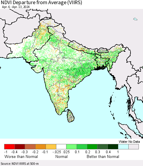 Southern Asia NDVI Departure from Average (VIIRS) Thematic Map For 4/6/2024 - 4/13/2024