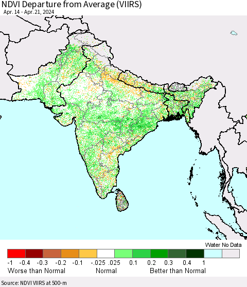 Southern Asia NDVI Departure from Average (VIIRS) Thematic Map For 4/14/2024 - 4/21/2024