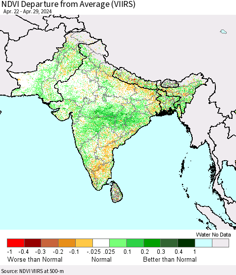 Southern Asia NDVI Departure from Average (VIIRS) Thematic Map For 4/22/2024 - 4/29/2024