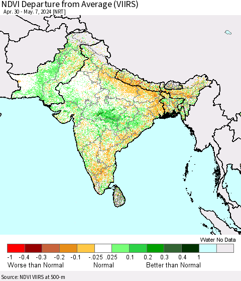Southern Asia NDVI Departure from Average (VIIRS) Thematic Map For 4/30/2024 - 5/7/2024