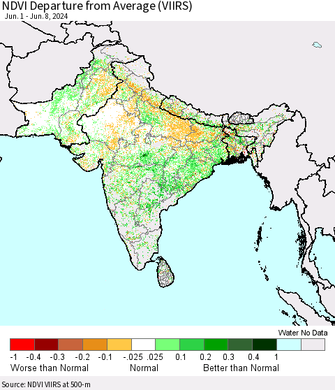 Southern Asia NDVI Departure from Average (VIIRS) Thematic Map For 6/1/2024 - 6/8/2024