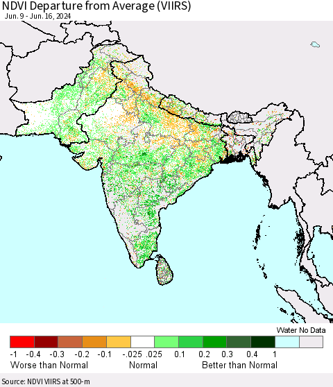 Southern Asia NDVI Departure from Average (VIIRS) Thematic Map For 6/9/2024 - 6/16/2024