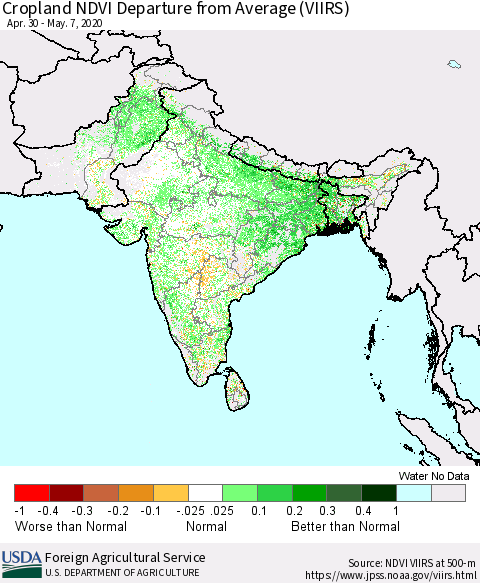 Southern Asia Cropland NDVI Departure from Average (VIIRS) Thematic Map For 5/1/2020 - 5/10/2020