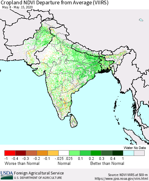 Southern Asia Cropland NDVI Departure from Average (VIIRS) Thematic Map For 5/11/2020 - 5/20/2020