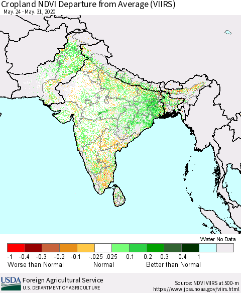 Southern Asia Cropland NDVI Departure from Average (VIIRS) Thematic Map For 5/21/2020 - 5/31/2020