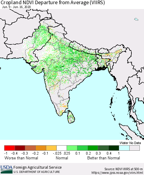 Southern Asia Cropland NDVI Departure from Average (VIIRS) Thematic Map For 6/11/2020 - 6/20/2020