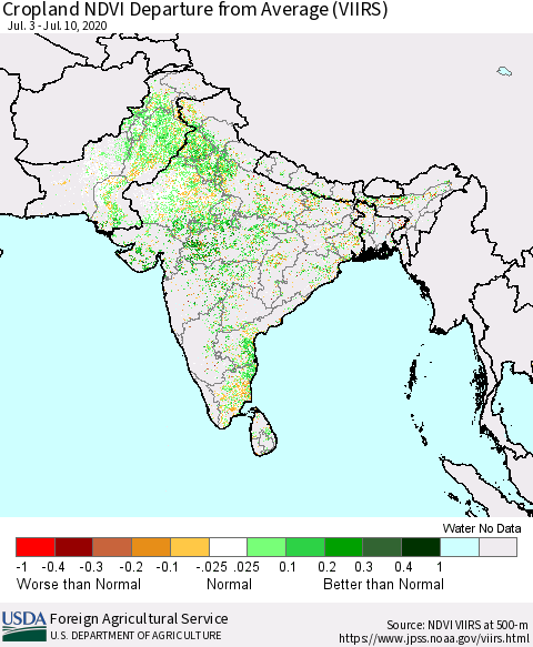 Southern Asia Cropland NDVI Departure from Average (VIIRS) Thematic Map For 7/1/2020 - 7/10/2020
