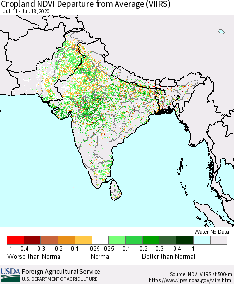Southern Asia Cropland NDVI Departure from Average (VIIRS) Thematic Map For 7/11/2020 - 7/20/2020