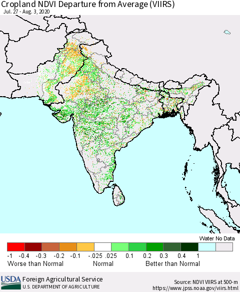 Southern Asia Cropland NDVI Departure from Average (VIIRS) Thematic Map For 8/1/2020 - 8/10/2020