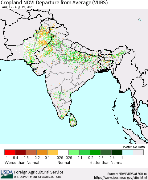 Southern Asia Cropland NDVI Departure from Average (VIIRS) Thematic Map For 8/11/2020 - 8/20/2020