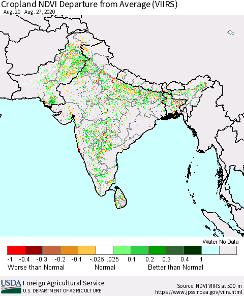 Southern Asia Cropland NDVI Departure from Average (VIIRS) Thematic Map For 8/21/2020 - 8/31/2020