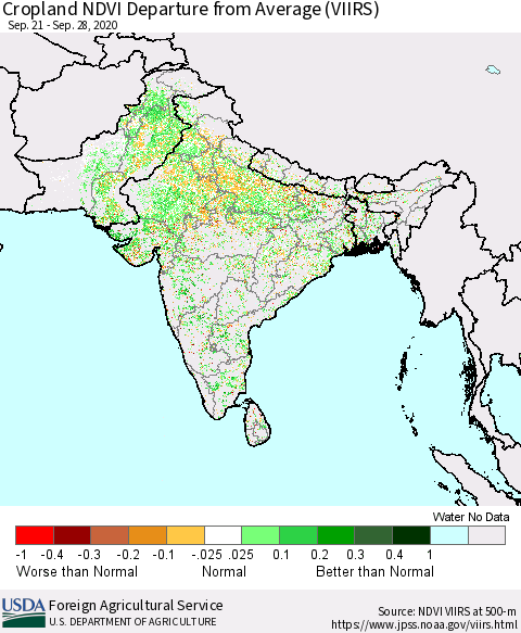 Southern Asia Cropland NDVI Departure from Average (VIIRS) Thematic Map For 9/21/2020 - 9/30/2020