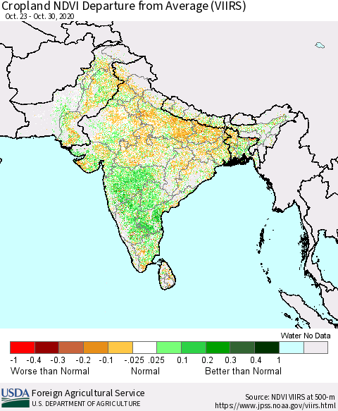 Southern Asia Cropland NDVI Departure from Average (VIIRS) Thematic Map For 10/21/2020 - 10/31/2020